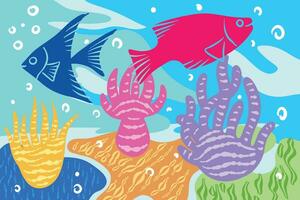 dibujos animados submarino paisaje en resumen estilo. Oceano y submarino mundo juego nivel vector antecedentes con coral arrecife pescado y marina animales submarino fondo con algas marinas, estrella de mar