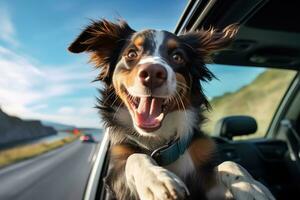 Cute dog looking out of car window , AI Generated photo