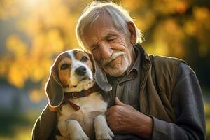 mayor hombre participación su beagle , al aire libre otoño parque, ai generado foto