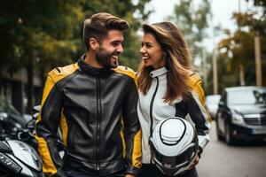 Young cool couple wearing motorcycle gear and helmets, AI Generated photo