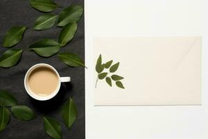 Wedding Invitation Cards Papers Laying on Table Decorate With Leaves, AI Generated photo