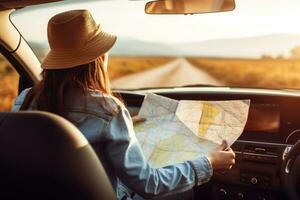 mujer de viaje solo sentado en coche con mapa, ai generado foto