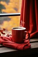 Cup of hot tea on window, red plaid and curtain , rain outside. AI Generated photo