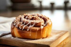 Fresh homemade Cinnamon roll on wooden table , AI Generated photo