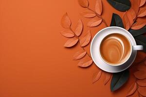 Cup of fresh hot coffee with autumn leaves, top view flat lay, photo