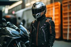 man wearing motorcycle gear and helmet, AI Generated photo