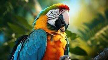 colorful blue, red and yellow Macaw in wild nature, AI Generated photo