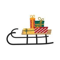 Christmas sleigh with gifts boxes. Design element for winter holiday season new year event. Vector illustration.