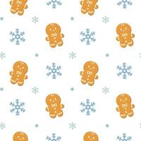 Navidad sin costura modelo con copos de nieve y pan de jengibre hombres. Perfecto para fondos de pantalla, envase papel, llenar patrones, invierno saludos, web página fondo, Navidad y nuevo año tarjetas vector