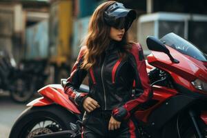 Young cool woman wearing motorcycle gear and helmet, AI Generated photo