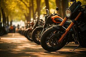 motos estacionado en el motos estacionamiento lote en reunión o evento, ai generado foto