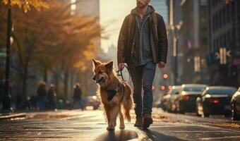 young man walking dog in the city in autumn day, AI Generated photo