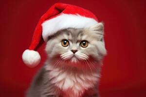 Kitten wearing santa hat on red background with copy space. AI Generated photo