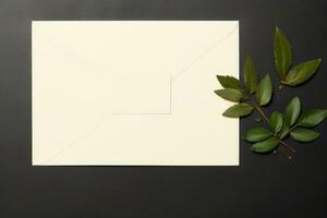 Wedding Invitation Cards Papers Laying on Table Decorate With Leaves, AI Generated photo