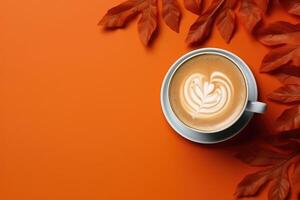 Cup of fresh hot coffee with autumn leaves, top view flat lay, AI Generated photo