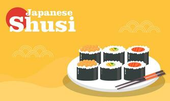 Vintage sushi poster design with vector sushi character