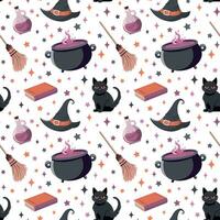 Halloween pattern with cute witch hat, potion, broom and cat, vector illustration. Isolated on white background. Dark magic and witchcraft graphic for prints, textiles and fabric designs