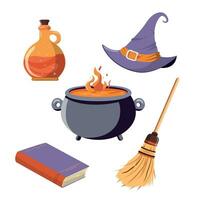 Halloween set with magic witch items. Magic objects for witchcraft. Stickers collection. Isolated on white background. vector