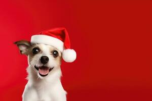 cute dog wearing santa hat on red background, AI Generated photo