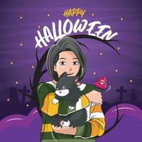 Happy Halloween concept. Beautiful young woman with cute cat and ice cream on purple background vector illustration pro download