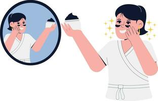 mujer reflejando por aplicando crema para ojo pantalones ilustración vector