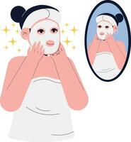 mujer quien es haciendo facial tratamiento con máscara ilustración vector