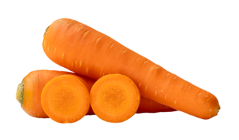 Two beautiful fresh orange carrots with slices in stack isolated with clipping path in png file format. Close up of healthy vegetable root