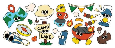 Set of 70s groovy element in camping concept vector. Collection of cartoon character, doodle smile face, lantern, flag,map, compass, binocular. Cute retro groovy hippie design for decorative, sticker. vector