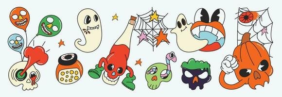 Happy Halloween day 70s groovy vector. Collection of ghost character, doodle smile face, pumpkin, skull, spider, spirit, worm, poison, balloon. Cute retro groovy hippie design for decorative, sticker. vector