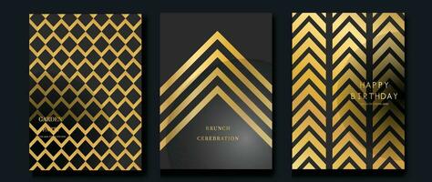 lujo gala invitación tarjeta antecedentes vector. dorado elegante ondulado oro línea modelo en negro antecedentes. prima diseño ilustración para Boda y VIP cubrir plantilla, grandioso apertura. vector