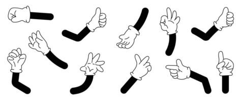 Set of 70s groovy comic hands vector. Collection of cartoon character hands in different pose okay, good job, pointing, like. Cute retro groovy hippie illustration for decorative, sticker, icon. vector