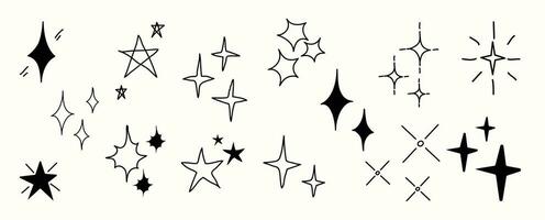 Set of cute sparkle doodle element vector. Hand drawn doodle style collection of different sparkle, firework, stars. Illustration design for print, cartoon, card, decoration, sticker, icon. vector