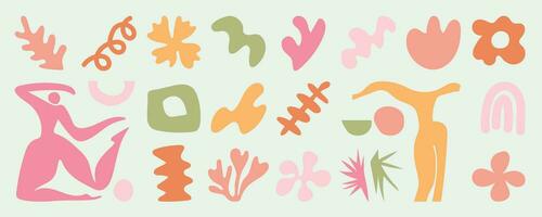 Set of abstract organic shapes inspired by matisse. Plants, leaf, people, algae, vase in paper cut collage style. Contemporary aesthetic vector element for logo, decoration, print, cover, wallpaper.