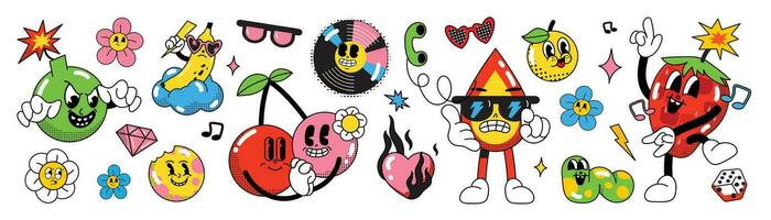 Set of 70s groovy element vector. Collection of cartoon characters, doodle smile face, bomb, banana, blood, strawberry, halftone texture. Cute retro groovy hippie design for decorative, sticker. vector