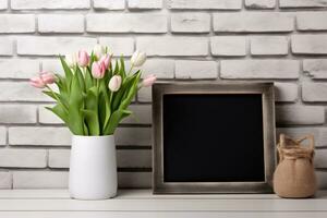 White frame mockup with flowers. AI Generated photo