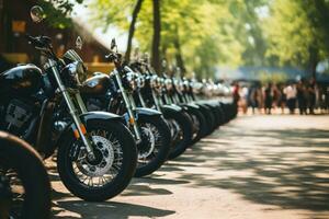 motos estacionado en el motos estacionamiento lote en reunión o evento, ai generado foto