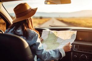 Woman traveling alone sitting in car with map, AI Generated photo