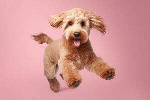 cute toy poodle dog on pink background, AI Generated photo