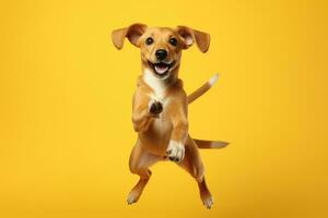 cute dog on yellow background, AI Generated photo