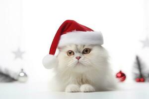 Kitten wearing santa hat on white background with copy space. AI Generated photo