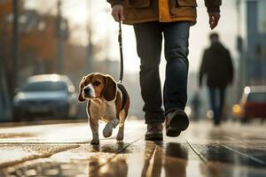 dog walking with unrecognizable owner in city street crosswalk, AI Generated photo