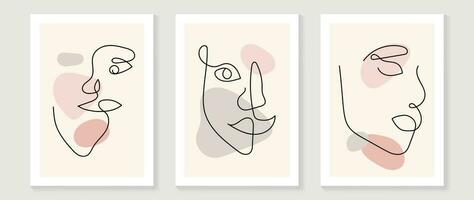 Surreal faces abstract art background vector. Portrait abstract face one line drawing with modern continuous line art and abstract geometric art style. Good for poster, wall art, cover, cafe,interior. vector