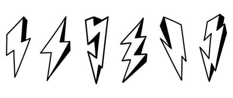 Set of thunderbolt doodle element vector. Hand drawn doodle style collection of different electric lightning bolt symbol. Illustration design for print, cartoon, card, decoration, sticker, icon. vector