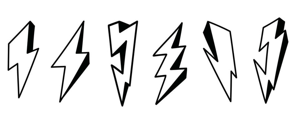 Set of thunderbolt doodle element vector. Hand drawn doodle style collection of different electric lightning bolt symbol. Illustration design for print, cartoon, card, decoration, sticker, icon.