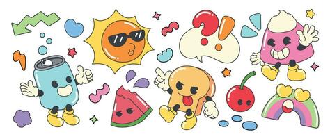 Set of 70s groovy element vector. Collection of cartoon characters, doodle smile face, sun, pudding, cherry, watermelon, rainbow, bread, can. Cute retro groovy hippie design for decorative, sticker. vector