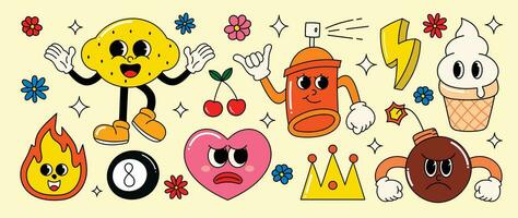 Set of 70s groovy element vector. Collection of cartoon characters, doodle smile face, heart, spray, lemon, ice cream, crown, thunderbolt. Cute retro groovy hippie design for decorative, sticker. vector