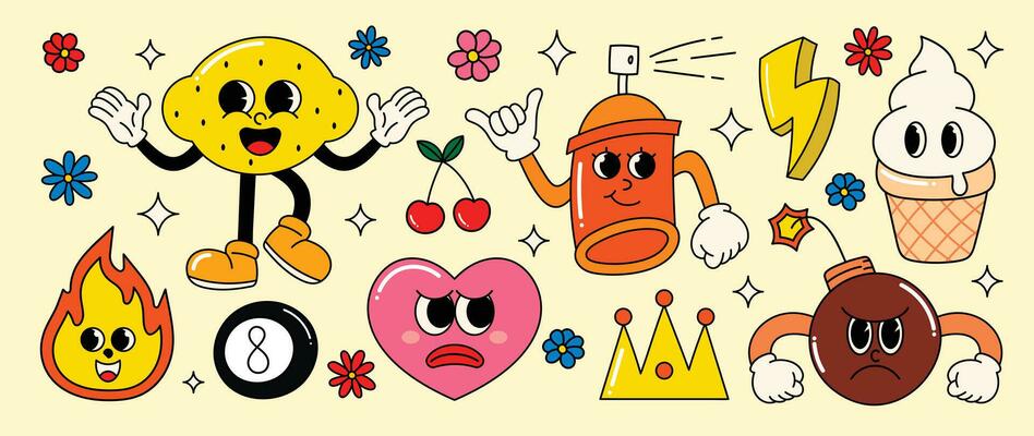 Set of 70s groovy element vector. Collection of cartoon characters, doodle smile face, heart, spray, lemon, ice cream, crown, thunderbolt. Cute retro groovy hippie design for decorative, sticker.