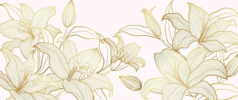 Luxury golden lily flower line art background vector. Natural botanical elegant flower with gold line art. Design illustration for decoration, wall decor, wallpaper, cover, banner, poster, card. vector