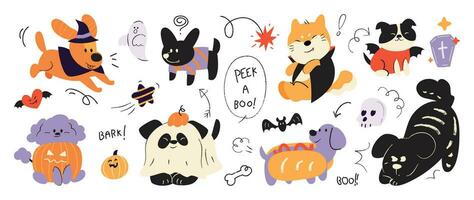 Happy Halloween day lovey pet vector. Cute collection of dogs with halloween costumes, ghost, bat, pumpkin, spider. Adorable animal characters in autumn festival for decoration, prints, cover. vector