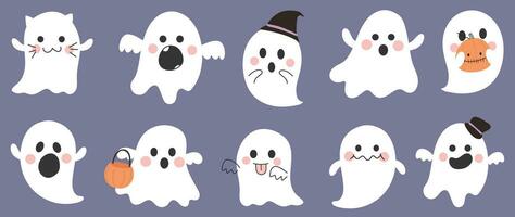 Happy Halloween day cute ghost vector. Cute collection of spooky ghost with halloween costumes, emotion, spirits. Adorable animal characters in autumn festival for decoration, prints, cover. vector